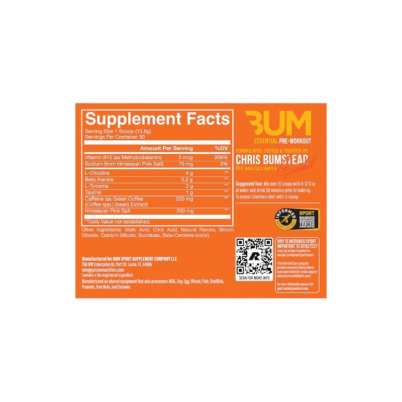 Raw cbum essential pre workout pre entrenamiento 30 servicios sabor