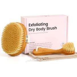 eaxun Bamboo Dry Brushing Body Brush Set, Natural Exfoliating Boar Bristle Face & Body Scrub Brush for Lymphatic Drainage, Cellulite, Blood Circulation and Glowing Skin, 2 Pack