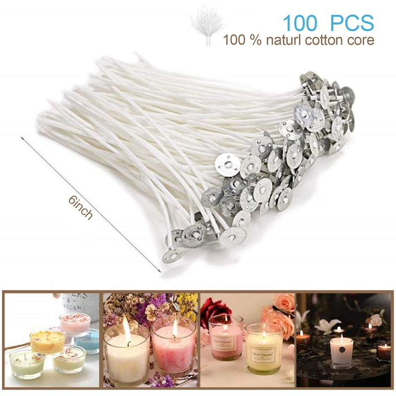 DINGPAI 100pcs Cotton Candle Wicks, 6 inches Low Smoke Pre-Waxed