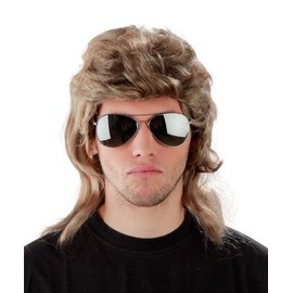 Foxxeo 50004 | 3 Combo Set. 80s Mullet Wig + Mirrored Aviator Sunglasses with Chain