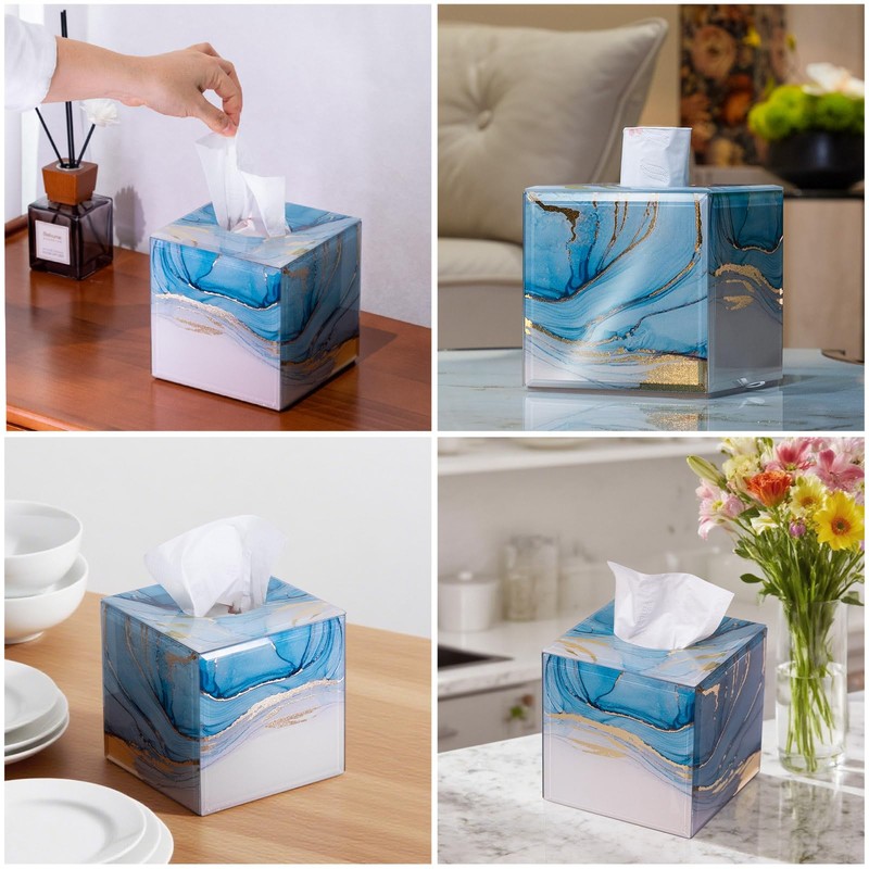 Timetrace Glass Tissue Box Cover Square-Marble Pattern Decorative Tissue Holder