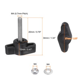 HARFINGTON 8pcs Tee Wing Knobs M4 x 20mm Metric 304 Stainless Steel Threaded Stud 27mm Z/T Head Plastic Handles Thumb Screws Hand Clamping Knob Grip Thumbscrew with Nuts Washers, Black