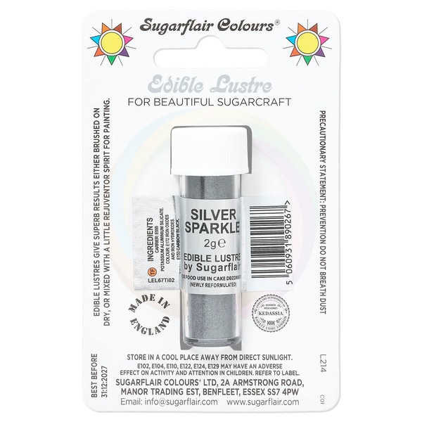 Sugarflair Silver Sparkle Edible Lustre Dust (E171 Free), Add a Lustrous Shine to Cakes or Decorations. Brush On or Add Rejuvenator to Create Eye-Catching Edible Paint- 2g