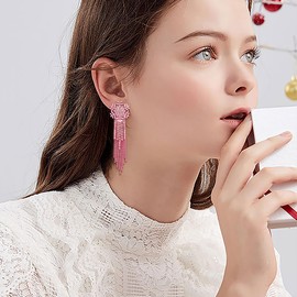 EVER FAITH Snowflake long Tassel Earrings for Women Girls, Rhinestone Crystal Waterfall Beaded Fringe Christmas Holiday Bridesmaid Dangle Statement Earrings Pink Pink-Tone