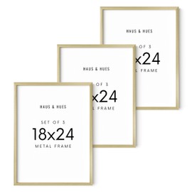 HAUS AND HUES 18x24 Gold Metal Picture Frames - Features Premium Aluminum, Vertical & Horizontal Hang, Shatterproof Plexiglass - Perfect for Home, Room, Office (18x24 in, Gold, Set of 3)