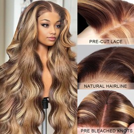 Ombre Lace Front Wig Human Hair 30 Inch Highlight Glueless Wigs Human Hair Pre Plucked Pre Cut 7x5 Lace Blonde Highlight Wig Human Hair Glueless Wear And Go 200% Density 4/27 Ombre Wig For Women