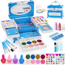 Kids Makeup Sets for Girls, 66pcs Real Cosmetic for Kids Toys with Mirror, Princess Washable Girls Makeup Kit, Non-Toxic & Safe Brithday Gifts for 3 4 5 6 7 8 - 12 Years Old（Blue）