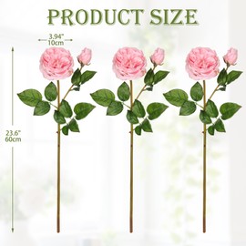 Arborus Real Touch Artificial Roses (Set of 3) – 23.6" Long Stem Pink Garden Roses – Lifelike Faux Silk Flowers for Wedding Bouquets, Home Décor, Centerpieces & Floral Arrangements