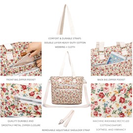 WEIBIN Tote Bag for Women,Large Zippered Multi Pockets Shoulder Handbag,Ladies Crossbody Purse,Fashion Floral Quilted Cotton Top Handle Satchel Handbags