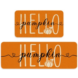 JarThenaAMCS Hello Pumpkin Kitchen Mats Set of 2, Orange Fall Pumpkin Kitchen Floor Mat Non-Slip Decorative Bathroom Rugs for Autumn Thanksgiving Holiday, 17 x 29 Inch & 17 x 47 Inch