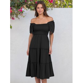 ANRABESS Women Summer Casual Square Neck Flutter Sleeve Boho Smocked A-Line Flowy Tiered Modest Midi Sun Dress with Pockets Black Small