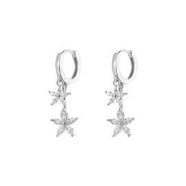 CZ Flower Dangle Hoop Earrings for Women Girls 925 Sterling Silver Charms Tiny Rhinestone Double Daisy Flower Bar Drop Dangling Small Hoop Cartilage Stud Tragus Dainty Fashion Earrings (Silver)