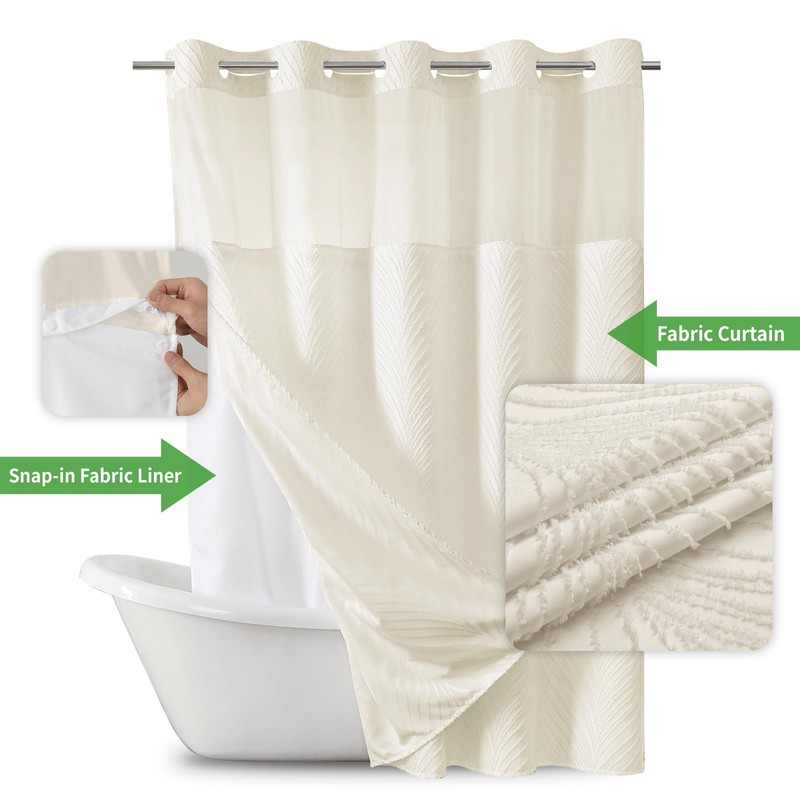 eachope Cream No Hook Tufted Shower Curtain with snap-in Liner