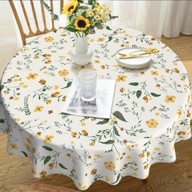 Round Tablecloth 60x60 Inch, Waterproof Wrinkle Resistant Durable Polyester Tablecloth Yellow Floral Tablecloth for Indoor and Outdoor, Holiday Farmhouse Kitchen Dining Room and Party