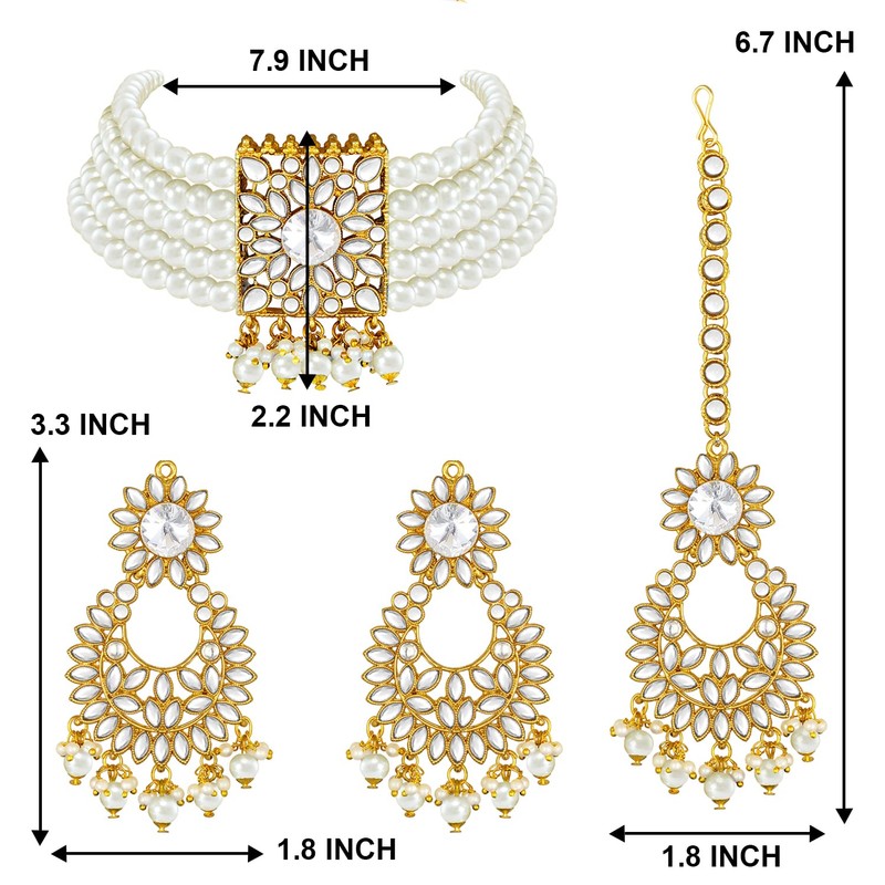 Aheli Kundan Pearl Choker Multi Layered Collar Pendientes con Maang