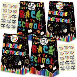 Jaskgom 24Pcs Back To School Party Favor Bags Colorful Pencil Flag Decorative Gift Box Goodie Candy Bags Candy Treat Box for First Day of School Gift Wrapping Supplies