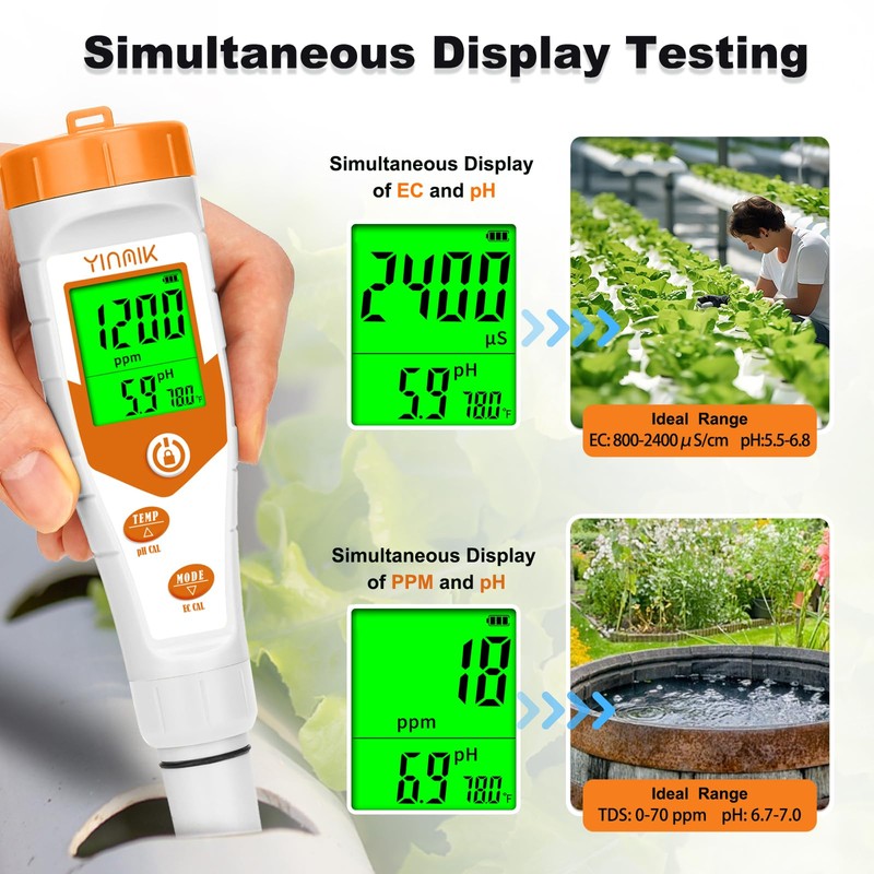 Hydroponics EC pH Tester, Simultaneous Display pH ppm for Base