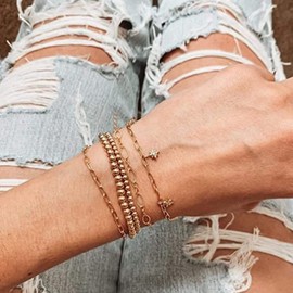 Gold Bracelets for Women, 14K Gold Plated Stackable Bracelets for Women Trendy Gold Bracelet Stack Set Waterproof Chain Bracelets Paperclip Adjustable Tennis Minimalist Tiny Cute Jewelry (Style03)