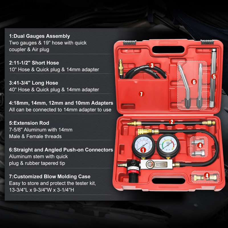 JIFETOR Cylinder Leak Down Tester Kit, Automotive Engine Compression Dual