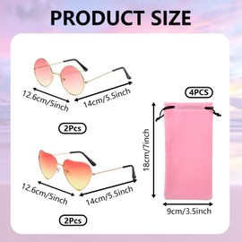 4 Pairs of Small Pink Round Hippie Glasses, Retro Fashionable Heart-Shaped Metal Glasses with Fabric Bag, Pink Amusing Round Glasses, Colour Gradient in Rose Gold Glasses, Round and Heart Glasses for