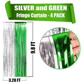4 Pack Foil Fringe Curtain Backdrop, 3.28Ft x 8.2Ft Metallic Tinsel Foil Fringe Streamers Curtain for Photo Booth, Wedding, Mardi Gras Birthday Carnival St Patrick Day Party Decoration (Silver Green)