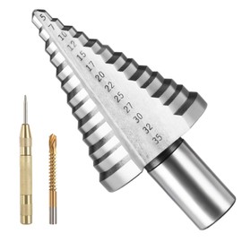 flintronic Step Drill Bit 5mm-35mm, with 1 Automatic Center Punch& 1 Twist Drill Bit, HSS Titanium Coated Double Slot Cone Cutting Drill