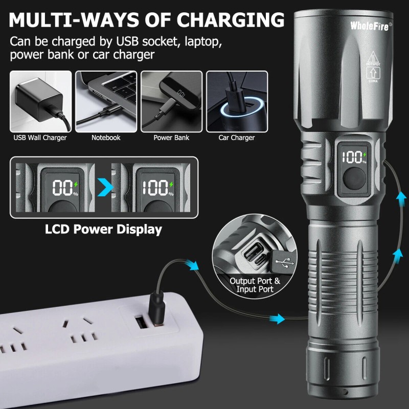 WholeFire 90000000Lumen Super Bright LED Tactical Flashlight Rechargeable LED Work