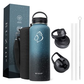 BUZIO 40 oz Water Bottle Insulated with Straw & 3 lid and Carrying Pouch, Leak Proof Anti-Slip Stainless Steel Water Flask Jug, Cold for 48 Hrs Double Vacuum Thermo Canteen, BPA-Free, Starry Indigo