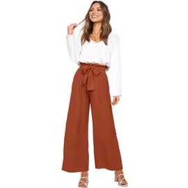 FANCYINN Womens 2 Piece Crop Pants Set V Neck Wide Strap Tops High Waisted Cropped Paper Bag Pants with Belt Orange Pants & White Long Sleeves Top XS
