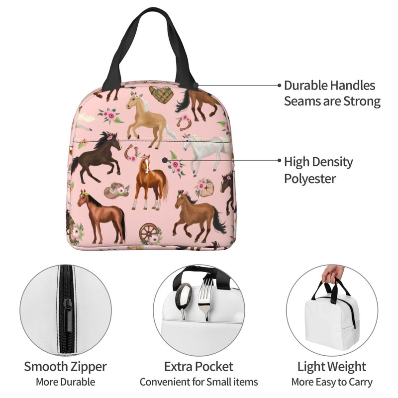 Zminciu Horse Lunch Bag Reusable Zipper Closure Leakproof Insulated Lunch
