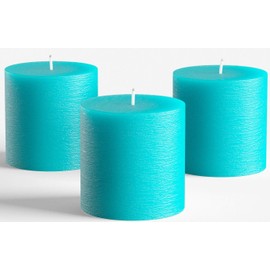 Set of 3 Pillar Candles 3" x 3" Unscented Handpoured Weddings, Home Decoration, Restaurants, Spa, Church Smokeless Cotton Wick - Turquoise