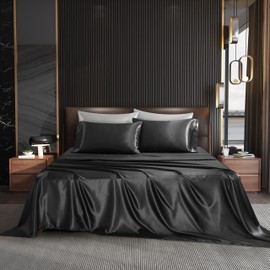 NA HommxJF 3PCS Black Satin Sheets Twin Size Black Silky Silk Sheets Bedding Sets & Pillowcases with 1 Flat Sheet+1 Deep Pocket Fitted Sheet+1 Pillowcase