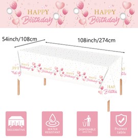 POPOYU Happy Birthday Tablecloth, Table Cloth Party Disposable for Girls Her, 137 * 274cm Cloths Rectangle Cover, Plastic Tablecloths Large Baby Women Party, White