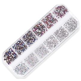 Nail Art Deluxe Flatback Rhinestones with Box (Clear + Clear Aurora AB + Flame + Blue Flame), Beauties Factory Nail Art Gems Crystals Decals (Color K)