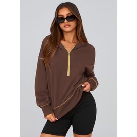 PRETTYGARDEN Women's 2025 Fall Hooded Sweatshirts Long Sleeve Half Zip Cropped Hoodies Pullover Winter Fashion Clothes (Brown Coffee,Large)