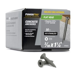 Power Pro 376633 Concrete Screw Anchors, 3/16" x 1-1/4", High-Performance, Code-Approved, Epoxy Coated, Coarse Thread, for Concrete and Masonry, Outdoor Rust Resistant, #410 Stainless Flat, 100pcs