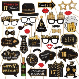LINGTEER Happy 17th Birthday Party Photo Booth Props,Cheers to 17th Birthday Seventeen Years Old Bday Party Centerpieces Props Decorations Sign.