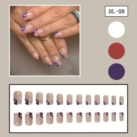 4th of July Press on Nails Medium Square French Tip Fake Nails Nude Full Cover America Flag False Nails with Designs Glossy Glue on Nails Acrylic Nails Manicure Artificial Nails for Women Girls 24Pcs