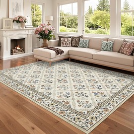GarveeHome Living Room Rug 5x7 Rug Machine Washable Stain Resistant Area Rug Non Slip Floral Vintage Low Pile Rugs for Living Room, Bedroom, Farmhouse, Dining Room, Kids PlayroomBeige Sand