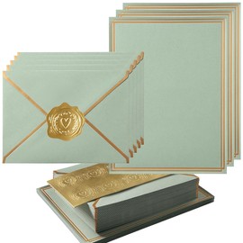 Topeen 50 Pack Stationery Set with Gold Border, A6 Envelopes and 6x8 Paper Sheets and Stickers for Writing Letters (Sage-Green, 6x8 Inches)