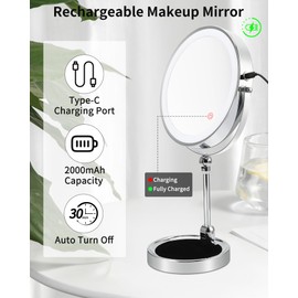 MILONT 9" Lighted Makeup Mirror,1X/10X Magnifying Vanity Mirror with Height & Brightness Adjustable,Rechargable Makeup Mirror,360°Rotation Double Sided Standing Desk Mirror (Polish Chrome)