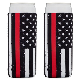 Great 1 Products Thin Red Line Collapsible Beer and Seltzer Can Beverage Cooler Sleeves - 2 Pack - Tall Slim Size 12 oz - 3mm Thick Insulated Neoprene - Fireman Firefighter, Thin Red Line - Slim