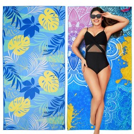 Winthome Beach Towel, Extra Large Microfibre Beach Towel for Adult, Double Sides Sand Free Quick Dry lightweight Travel Swimming Towel(Mandala + Leaf, 90×180cm - 2 pack)