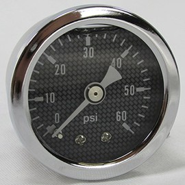 Marshall 60 psi Oil Pressure Gauge with Mount Adapter for 1970-1999 Harley Big Twin - Shock Proof and Liquid Filled - 1/8" NPT Fitting - Carbon Fiber Style Gauge Face - Bobber Chopper Cafe Racer
