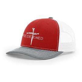 Christian Redeemed Cross Nails Mens Embroidered Mesh Back Trucker Hat, Red/Heather Grey/White