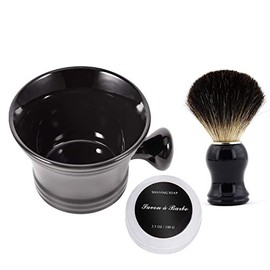 Ceramic Shaving Soap Bowl Kit For Men, Pure Badger Shaving Brush, Shaving Cream Soap, Wide Mouth, Ceramic Black Shaving Soap Bowl/Mug with Knob Handle