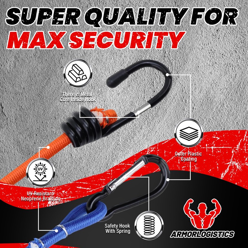 ARMORLOGISTICS Bungee Cords with Hooks, Bungee Cords Heavy Duty Outdoor