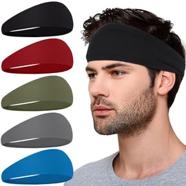 5 Pcs Sports Headbands for Men,Moisture Wicking Workout Fashion Headband,Running,Cycling,Basketball,Yoga,Football,Hairband for for Women and Men (Black, Red, Army Green, Dark Gray, Blue)