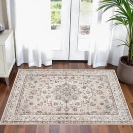 Washable 2x3 Entryway Area Rug: Vintage Non-Slip Backing Rugs for Kitchen Bathroom Water Resistant Carpet for Bedroom Soft Low Pile Front Door Mat for Dining Room 2x3 Cream/Beige