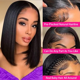 Mihugass Bob Wig Human Hair 10 Inch 13x6 Frontal Lace Wig #1 Jet Black Straight Bob Lace Front Wigs Human Hair Pre Plucked With Baby Hair Glueless 200% Density Short Bob Wigs For Women